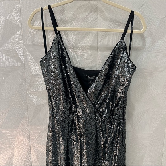 $228 LAUNDRY BY SHELLI SEGAL Sz2 WIDE-LEG ALLOVER SEQUINED JUMPSUIT BLACK Gray - Picture 6 of 11